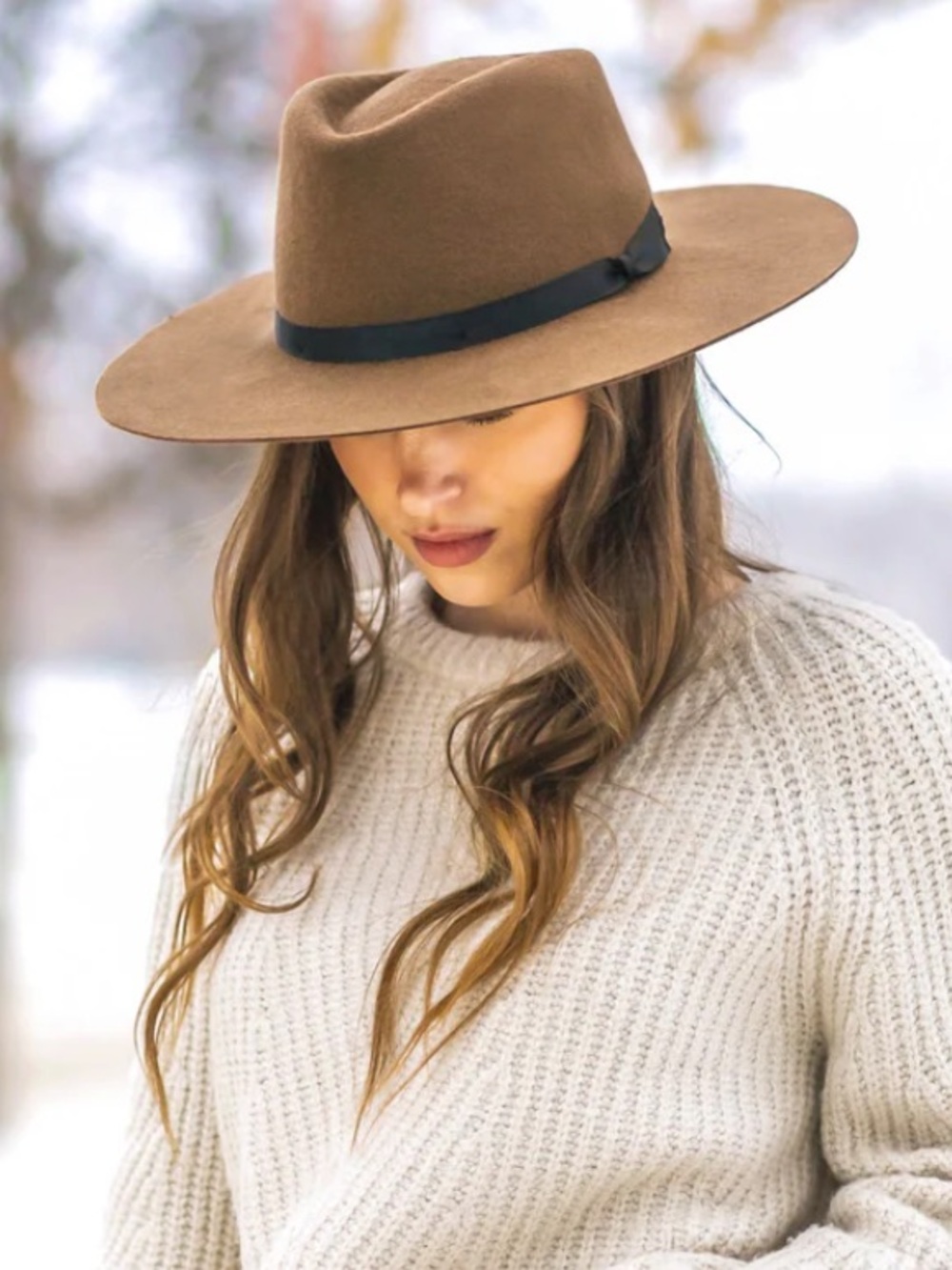 Women’s Tan 100% Wool Felt Flat Brim Hat With Black Ribbon Trim